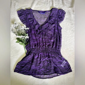 Miley Max Zebra Ruffle Short Sleeve Blouse - XS